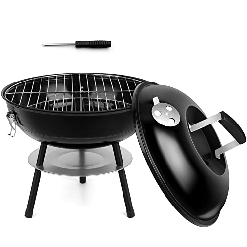 14 Inch Charcoal Grill, HaSteeL Portable & Mini BBQ Grilling Smoker, Great for Outdoor Cooking Backyard Garden Camping Picnic Barbecue, Enamel Black Lid, Plus a Screwdriver