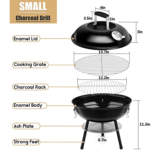 14 Inch Charcoal Grill, HaSteeL Portable & Mini BBQ Grilling Smoker, Great for Outdoor Cooking Backyard Garden Camping Picnic Barbecue, Enamel Black Lid, Plus a Screwdriver