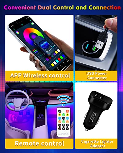 RGB Interior Car Strip Lights with Smart APP Control, Music Sync Under Dash Footwell Neon Internal Lighting Kit Multicolor,12V LED Strip Lights for Cars, Trucks, SUVs with Car Charger(1 Set)