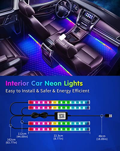 RGB Interior Car Strip Lights with Smart APP Control, Music Sync Under Dash Footwell Neon Internal Lighting Kit Multicolor,12V LED Strip Lights for Cars, Trucks, SUVs with Car Charger(1 Set)