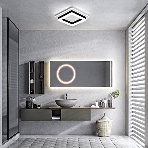 CANEOE Square Modern Led Ceiling Light Fixture, 24W Black Flush Mount Hallway Ceiling Light Small Close to Ceiling Lamp for Living Room Bedroom Kitchen Balcony Cloakroom (Cool White, 6000K)