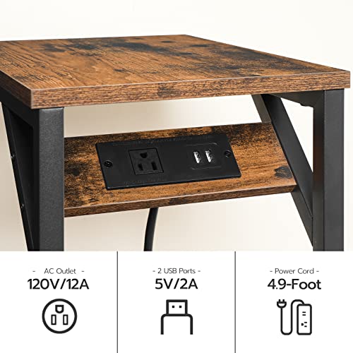 HOOBRO C Shaped End Table with Charging Station, Retro Sofa Couch Side Table, Narrow Nightstand for Small Space, Living Room, Bedroom, Rustic Brown and Black BF07USF01