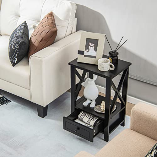 UIIAIOUIAIO 2-Tier Accent Nightstand with Storage Drawer, Farmhouse Wood End Table Bedside Table Sofa-Side Accent Table for Living Room Bedroom(Black)