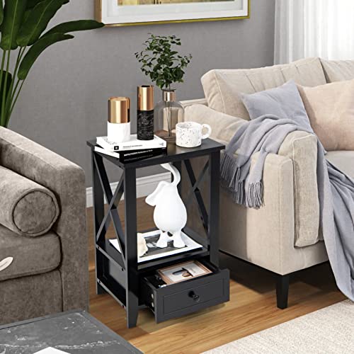 UIIAIOUIAIO 2-Tier Accent Nightstand with Storage Drawer, Farmhouse Wood End Table Bedside Table Sofa-Side Accent Table for Living Room Bedroom(Black)