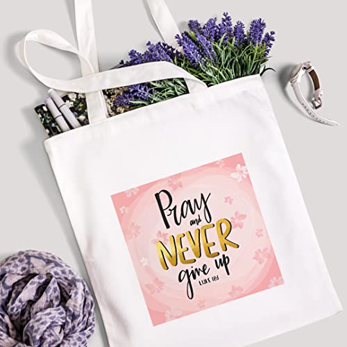 PRAY AND NEVER GIVEUP DESIGN, Reusable Tote Bag, Lightweight Grocery Shopping Cloth Bag, 13” x 14” with 20” Handles