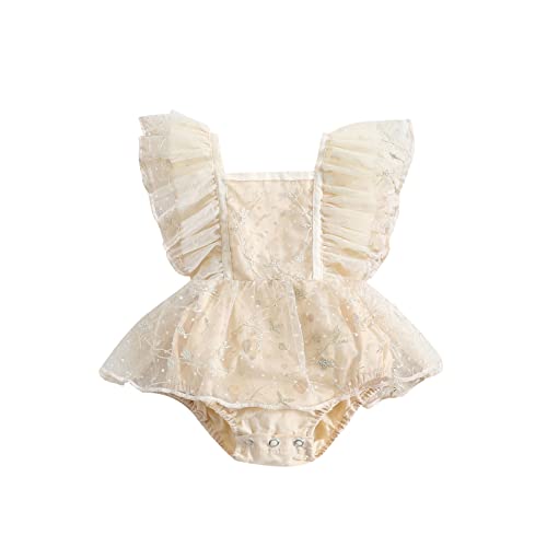 Kupretty Newborn Baby Girl Boho Romper Dress Embroidery Flower Lace Tutu Photography Outfits Princess Clothes (Beige, 3-6 Months)