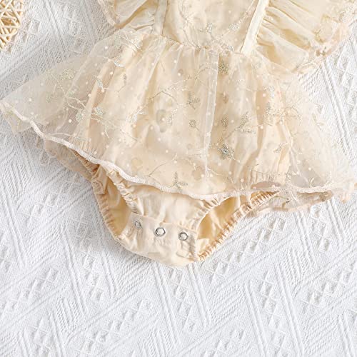 Kupretty Newborn Baby Girl Boho Romper Dress Embroidery Flower Lace Tutu Photography Outfits Princess Clothes (Beige, 3-6 Months)