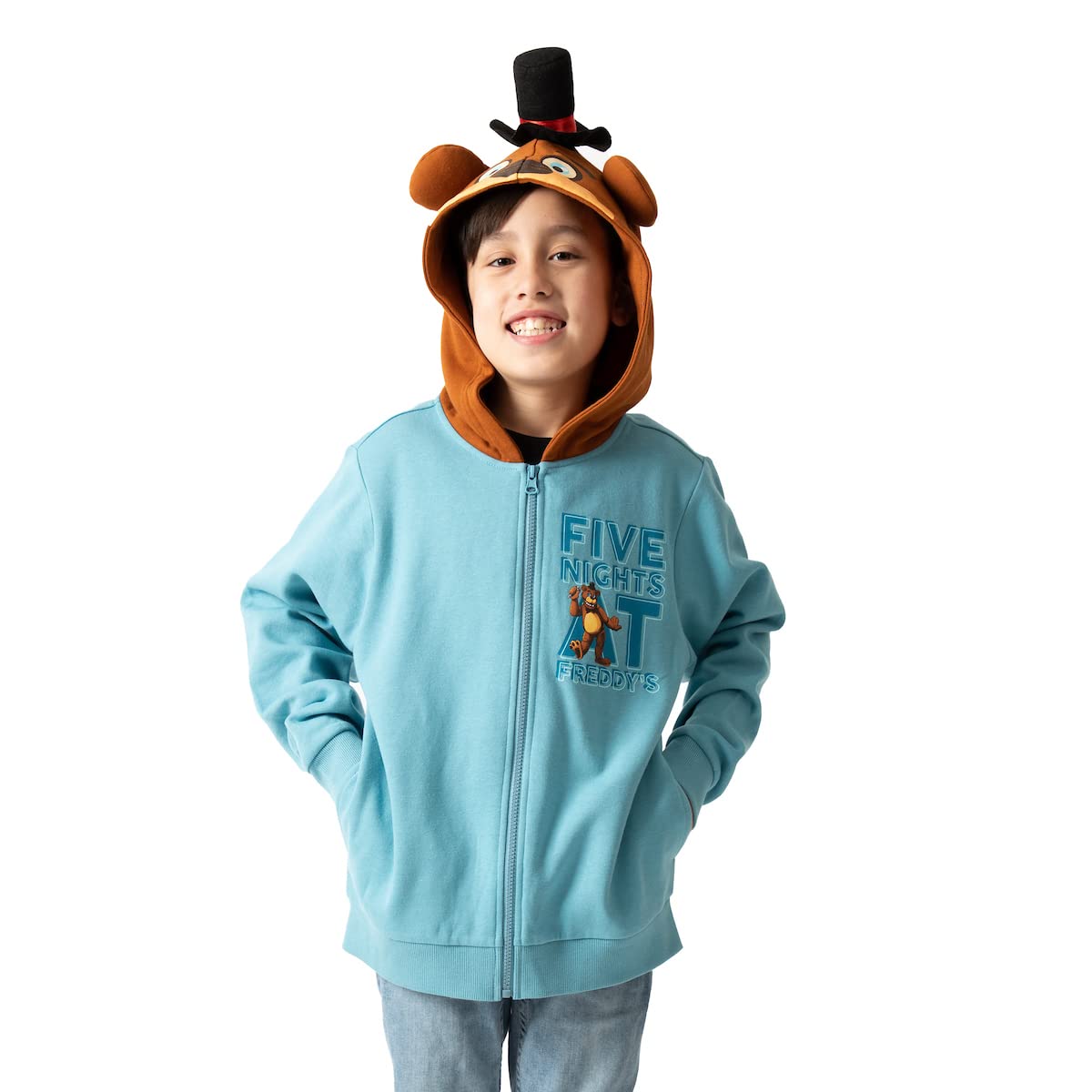 Five Nights At Freddy's Big Face Freddy Hood Long Sleeve Denim Heather Boy's Hooded Sweatshirt-XL