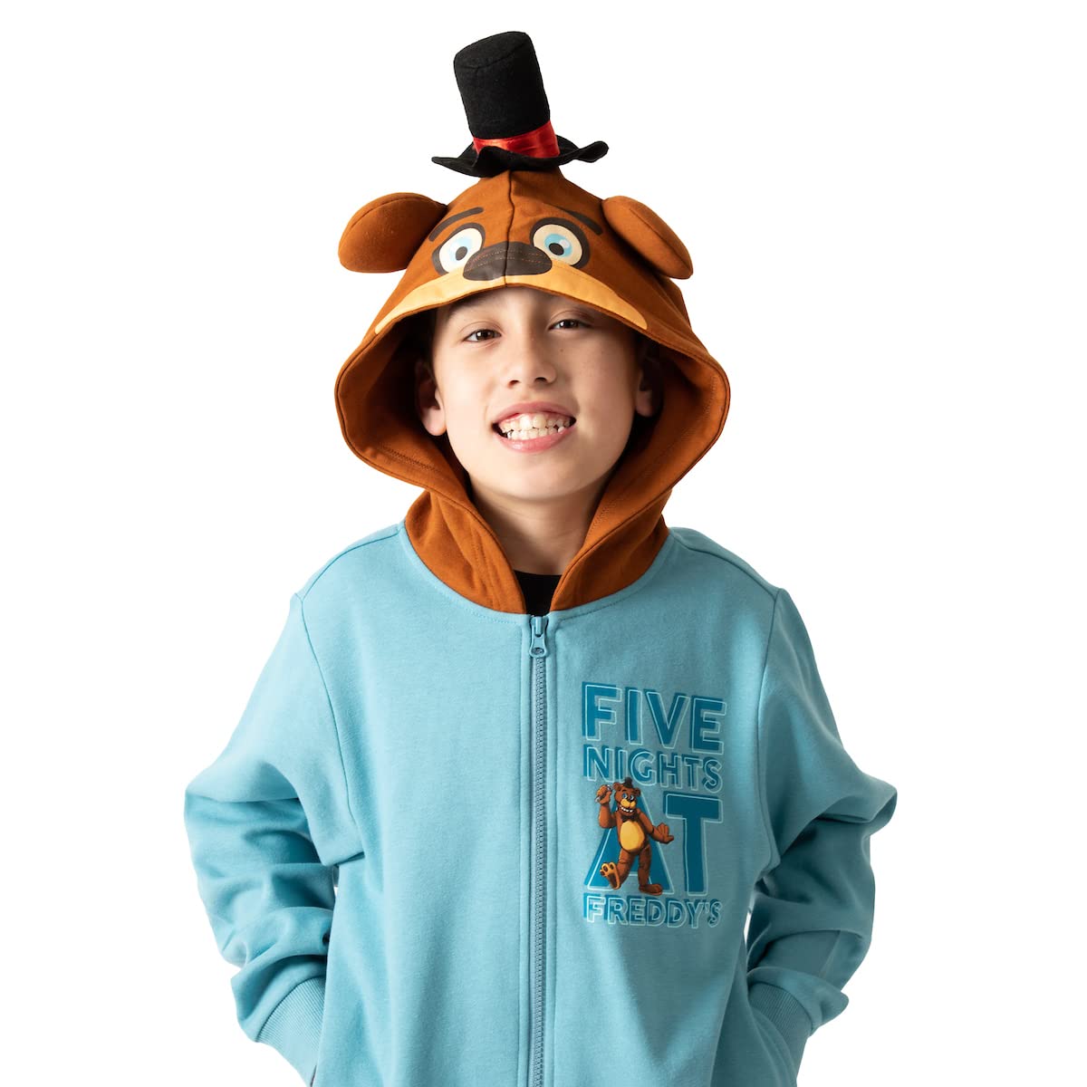 Five Nights At Freddy's Big Face Freddy Hood Long Sleeve Denim Heather Boy's Hooded Sweatshirt-XL