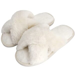 doiown women's fuzzy beige slippers memory foam cute house slippers plush fluffy furry open toe home shoes bridal bridesmaid gifts for wedding (size 9-10)