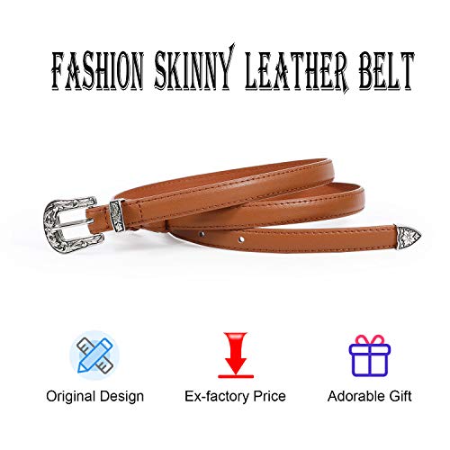 LEACOOLKEY Women Skinny Leather Belt for Dress Western Buckle Adjustable Thin Waist Belt for Jeans