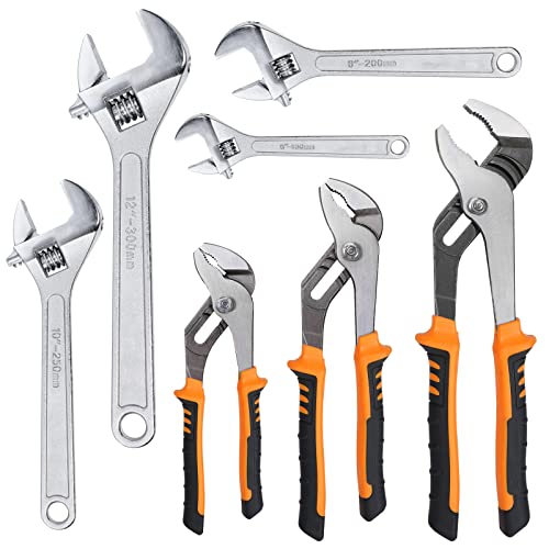 FASTORS 7 PCS Adjustable Wrench & Tongue and Groove Plier Set,Spanner Wrench Work with Groove Joint Pliers Make The Maintenance More Efficient,Plier Set Are Perfect for Basic Home Repair.