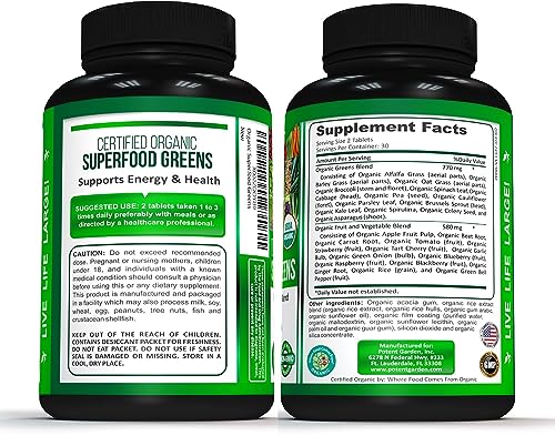 Potent Garden 2-Pack Organic Superfood Greens, Fruit and Veggie Supplement Rich in Vitamins & Antioxidants with Alfalfa, Beet Root & Tart Cherry to Boost Energy, Immunity & Gut Health, 120 Ct