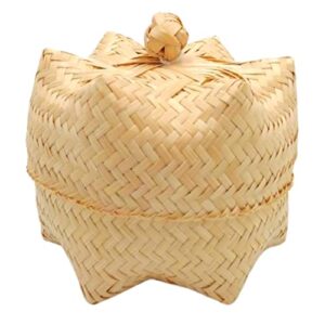bamboo sticky rice serving basket 4.5 x 3.5 inch, kratip, intricately woven container, hexagon-shaped weave pattern, thailand handmade, natural color (original natural bamboo color)