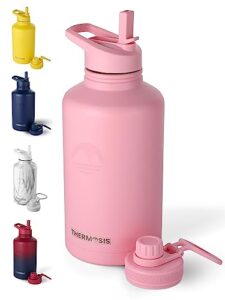 thermosis 64 oz water bottle with straw, half gallon water bottle thermos with wide mouth opening and 2lids. includes sports water bottle holder with strap (1/2 gallon water jug) - pink water bottle