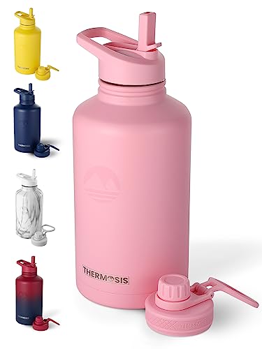 THERMOSIS 64 Oz Water Bottle With Straw, Half Gallon Water Bottle Thermos With Wide Mouth Opening and 2Lids. Includes Sports Water Bottle Holder With Strap (1/2 Gallon Water Jug) - Pink Water Bottle