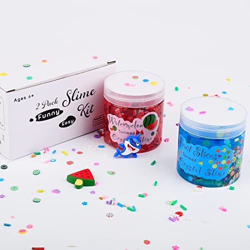 2 Pack Clear Slime Kit Watermelon Red Ocean Blue Clear Crystal Slime Set Premade Crystal Slime Jelly Cube Crunchy Clear Slime for Kids Party Favors Stress Relief Toy for Girls Boys