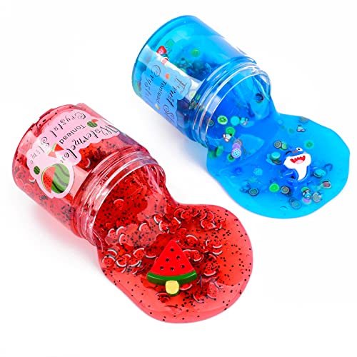 2 Pack Clear Slime Kit Watermelon Red Ocean Blue Clear Crystal Slime Set Premade Crystal Slime Jelly Cube Crunchy Clear Slime for Kids Party Favors Stress Relief Toy for Girls Boys