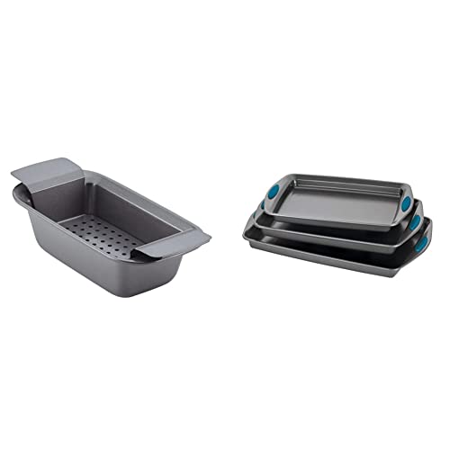 Rachael Ray Bakeware Meatloaf/Nonstick Baking Loaf Pan with Insert, 9 Inch x 5 Inch, Gray & Bakeware Nonstick Cookie Pan Set, 3-Piece, Gray with Marine Blue Grips