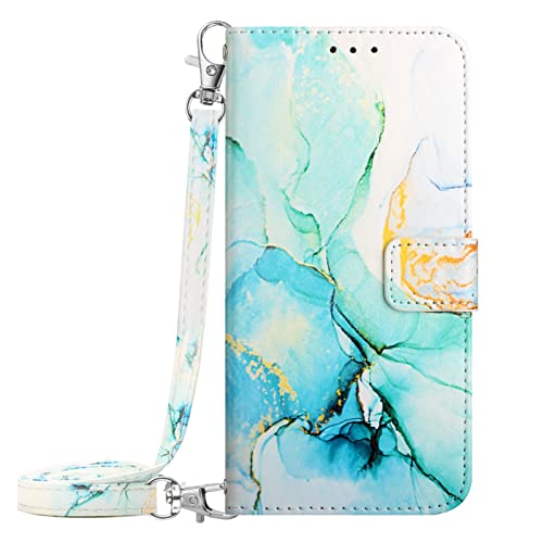 ONV Wallet Case for Oppo A17 - Long Neck Lanyard Marble Painted Stand Card Slot Leather Flip Case + TPU Inner Shell Cover for Oppo A17 [Marble] -PinkGreen