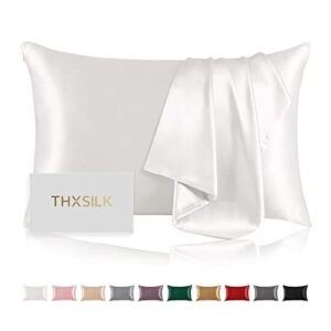 thxsilk 100% pure mulberry silk pillowcase for hair and skin, highest 6a+ grade pure silk pillow case standard size, real silk pillowcase with concealed zipper(white, standard)
