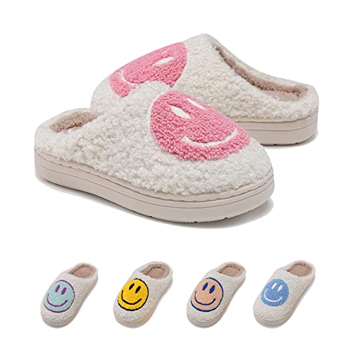 COVS Cute Kids Smile Face Slippers for Girls Boys Soft Plush Happy Face Slippers Non-Slip Toddler Warm House Slippers Little kids smile slippers Indoor Outdoor（Pink 20/21）