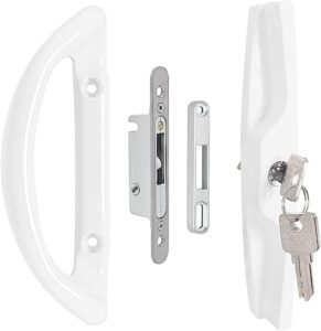 homotek 1 pack patio door handle set, replacement sliding door handle with key for sliding patio door thickness from 1-1/2" to 1-3/4", 3-15/16" screw hole spacing, mortise lock, reversible, white