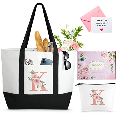 Large Can-vas Tote Bag for Women, Floral Ini-tial Beach Bag w Makeup Bag, Personalized Friend 40th Birthday Couples Bride Bridal Shower Mom Grandma Gifts w Inner Pocket, Top Zi-pper, Gift Box, Card K