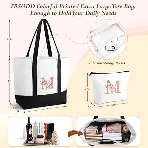 Large Can-vas Tote Bag for Women, Floral Ini-tial Beach Bag w Makeup Bag, Personalized Friend 40th Birthday Couples Bride Bridal Shower Mom Grandma Gifts w Inner Pocket, Top Zi-pper, Gift Box, Card K