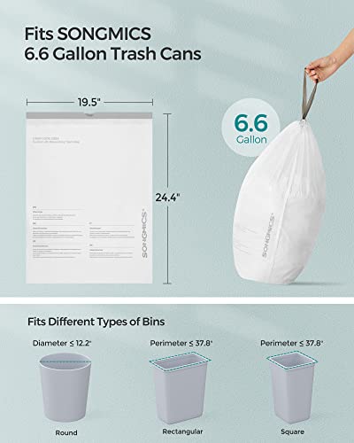 SONGMICS Small Trash Bags for 6.6 Gallon Trash Cans, Drawstring Garbage Bags, Liner Code 025A, 3 Rolls, 120 Count, White UKRB025A03