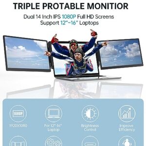 FICIHP 14” Triple Portable Monitor for Laptop, Dual Triple Monitor Laptop 1080P FHD IPS with Type-C/HDMI/USB-A, Plug-Play Laptop Monitor Screen Extender for 13-16" Laptop, Compatible with Mac/Android