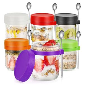 overnight oats containers with lids and spoon, 6 pack mason jars, 12 oz glass container to go for chia pudding yogurt salad cereal meal prep