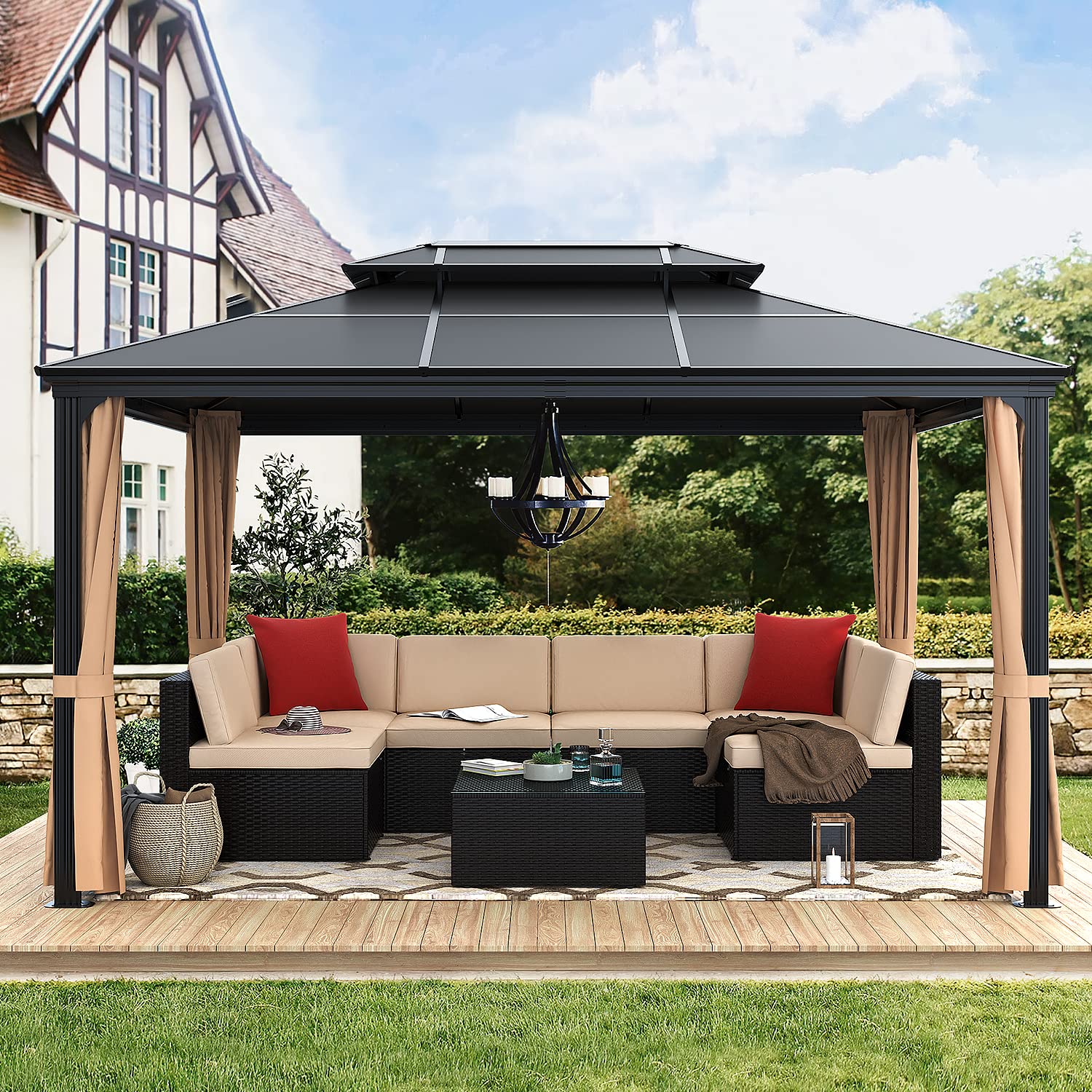 Greesum 10'x13' Hardtop Polycarbonate Gazebo, Outdoor Steel Double Roof Canopy, Aluminum Frame Permanent Pavilion with Netting and Curtains for Patio, Backyard, Deck and Lawns