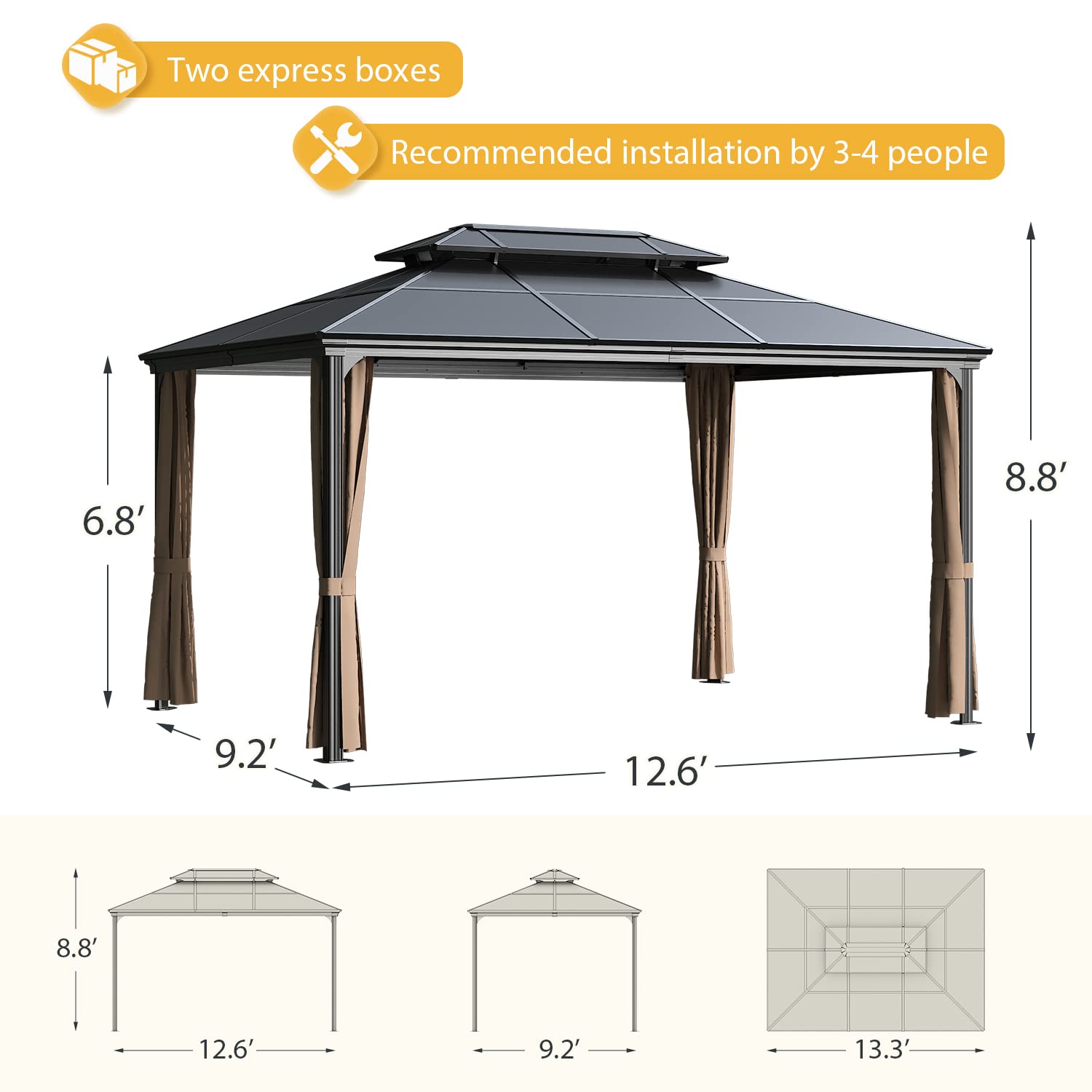 Greesum 10'x13' Hardtop Polycarbonate Gazebo, Outdoor Steel Double Roof Canopy, Aluminum Frame Permanent Pavilion with Netting and Curtains for Patio, Backyard, Deck and Lawns