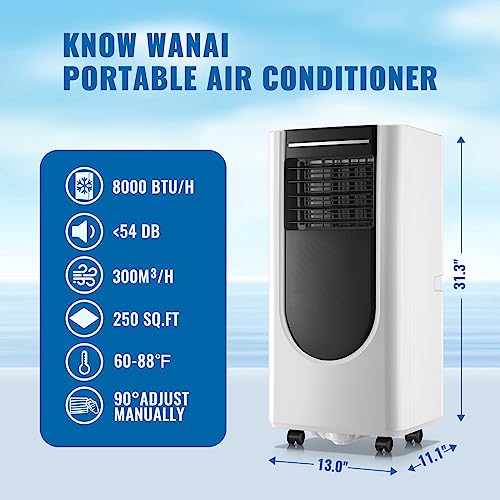 Portable Air Conditioner WANAI 8,000 BTU ASHARE Portable AC Unit, Built-in Dehumidifier & Fan Mode, Remote Control and Window Installation Kit Included, LED Display, for Home Office Garage Business