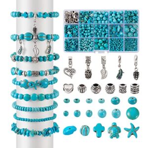 crafans 820pcs turquoise beads kits with alloy dangle charms large hole alloy european beads, rondelle turtle cross gemstone beads bracelet making kit for jewelry making