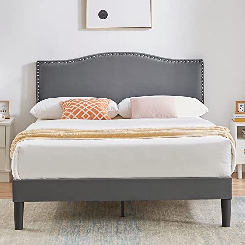 VECELO Queen Bed Frame Platform Bed Frame with Upholstered Headboard, Strong Frame and Wooden Slats Support, Strong Weight Capacity, Non-Slip and Noise-Free, Easy Assembly,Dark Grey