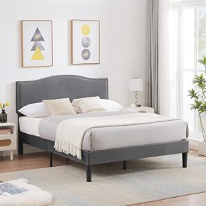 VECELO Queen Bed Frame Platform Bed Frame with Upholstered Headboard, Strong Frame and Wooden Slats Support, Strong Weight Capacity, Non-Slip and Noise-Free, Easy Assembly,Dark Grey