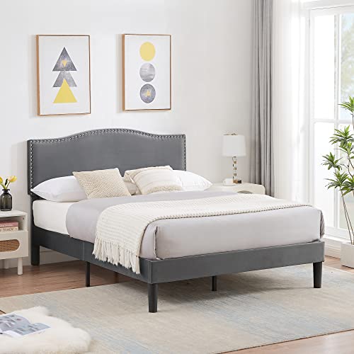 VECELO Queen Bed Frame Platform Bed Frame with Upholstered Headboard, Strong Frame and Wooden Slats Support, Strong Weight Capacity, Non-Slip and Noise-Free, Easy Assembly,Dark Grey