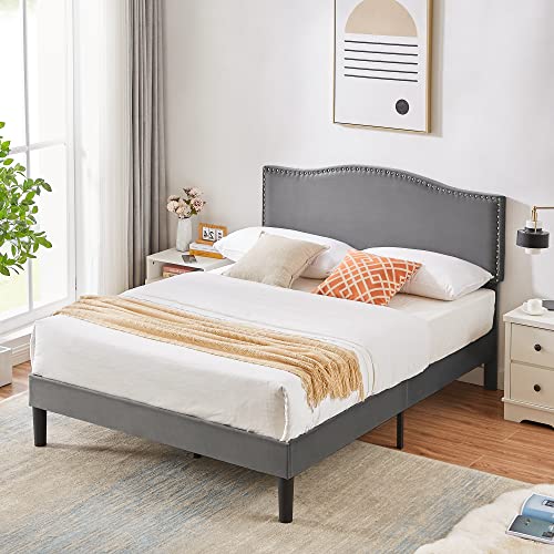 VECELO Queen Bed Frame Platform Bed Frame with Upholstered Headboard, Strong Frame and Wooden Slats Support, Strong Weight Capacity, Non-Slip and Noise-Free, Easy Assembly,Dark Grey