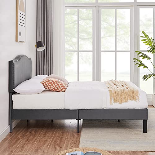 VECELO Queen Bed Frame Platform Bed Frame with Upholstered Headboard, Strong Frame and Wooden Slats Support, Strong Weight Capacity, Non-Slip and Noise-Free, Easy Assembly,Dark Grey