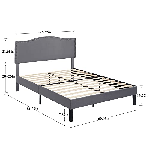 VECELO Queen Bed Frame Platform Bed Frame with Upholstered Headboard, Strong Frame and Wooden Slats Support, Strong Weight Capacity, Non-Slip and Noise-Free, Easy Assembly,Dark Grey