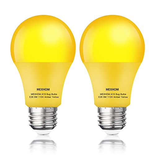 Mexhom 2 Pack Yellow Bug Light Bulbs Outdoor 9w(Equivalent100W) 110V E26 Bug Light for Outside Non Dimmable A19 LED Bug Light Bulbs for Porch Light, Backyard,Garden