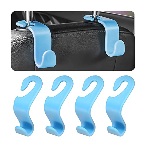 8sanlione Car Back Seat Headrest Hooks, 4PCS Vehicle Backseat Storage Organizer Hanger, Multifunctional Auto Headrest Hidden Hook Universal for Handbag Purse Backpacks Bags and Groceries (Light Blue)