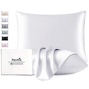 silk pillowcase 2 pack for hair and skin, ravmix mulberry silk pillow cases standard size 20×26inches set of 2 cooling silk pillow covers with hidden zipper, pure white