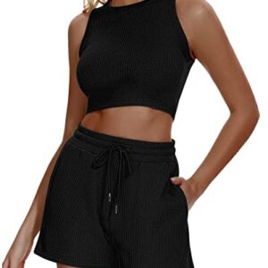 Funlingo Women's 2023 Waffle Knit Sleeveless Crop Top and Shorts Lounge Pajama Matching Sets Sweatsuits Tracksuits 2 Piece Summer Outfits Black M