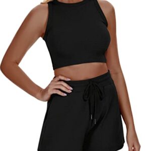 Funlingo Women's 2023 Waffle Knit Sleeveless Crop Top and Shorts Lounge Pajama Matching Sets Sweatsuits Tracksuits 2 Piece Summer Outfits Black M