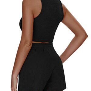 Funlingo Women's 2023 Waffle Knit Sleeveless Crop Top and Shorts Lounge Pajama Matching Sets Sweatsuits Tracksuits 2 Piece Summer Outfits Black M