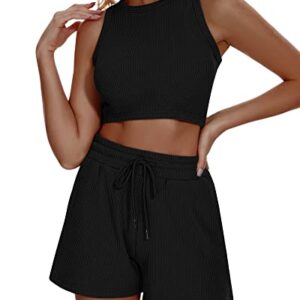 Funlingo Women's 2023 Waffle Knit Sleeveless Crop Top and Shorts Lounge Pajama Matching Sets Sweatsuits Tracksuits 2 Piece Summer Outfits Black M