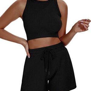 Funlingo Women's 2023 Waffle Knit Sleeveless Crop Top and Shorts Lounge Pajama Matching Sets Sweatsuits Tracksuits 2 Piece Summer Outfits Black M